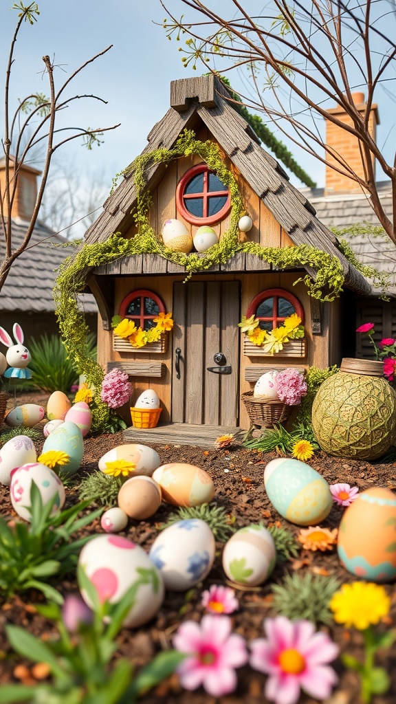 A charming cottage surrounded by colorful Easter eggs and flowers in a garden setting.