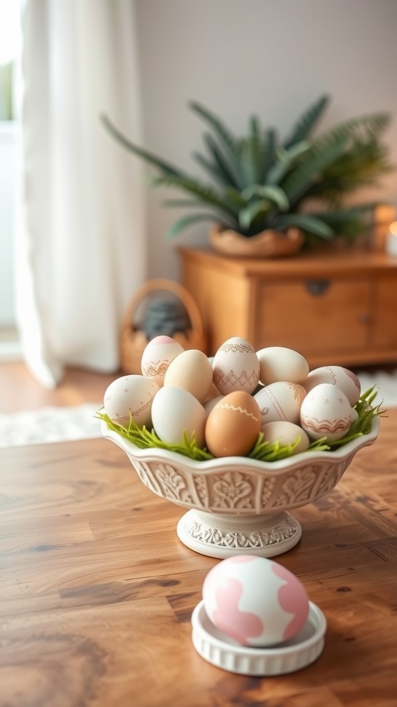 Decorative display of eggs in a bowl on a wooden table, with a single egg on a dish beside it.