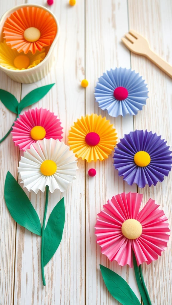 Colorful cupcake liner flowers in various shapes, with green paper leaves, on a wooden surface.