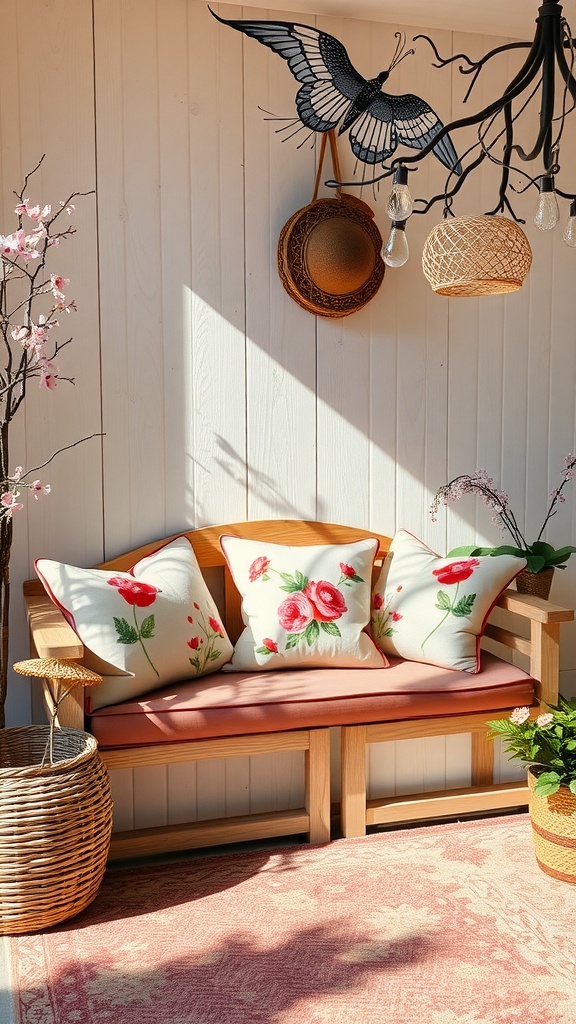 Cozy cushioned seating nook with floral pillows, wooden bench, and decorative plants.