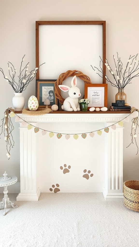 A decorated fireplace mantel featuring bunny footprints, a plush bunny, framed pictures, and Easter decorations.