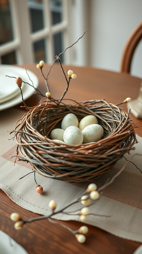 A decorative bird's nest centerpiece with painted eggs and branches on a table.