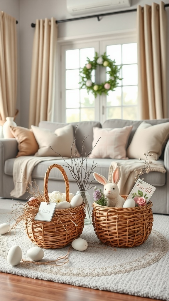 Two decorative Easter baskets with eggs and a bunny in a cozy living room setting.