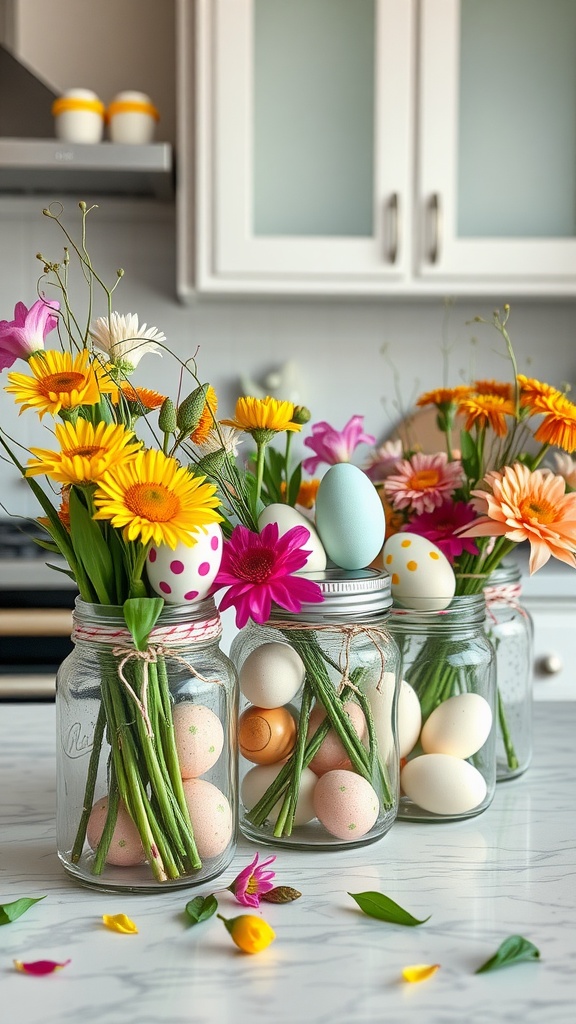 Three glass jars filled with flowers and decorative Easter eggs on a kitchen counter.