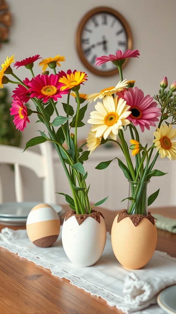 Decorative egg vases with colorful flowers on a table