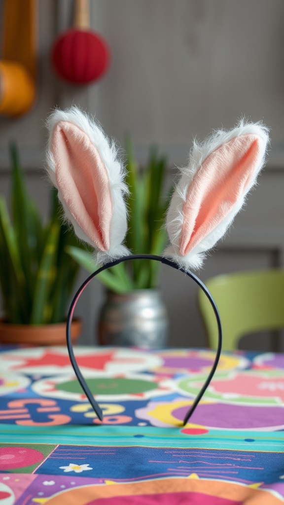 A cute bunny ears headband displayed on a colorful table, perfect for Easter crafts.