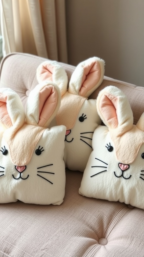 Three DIY bunny face pillows with floppy ears on a couch.