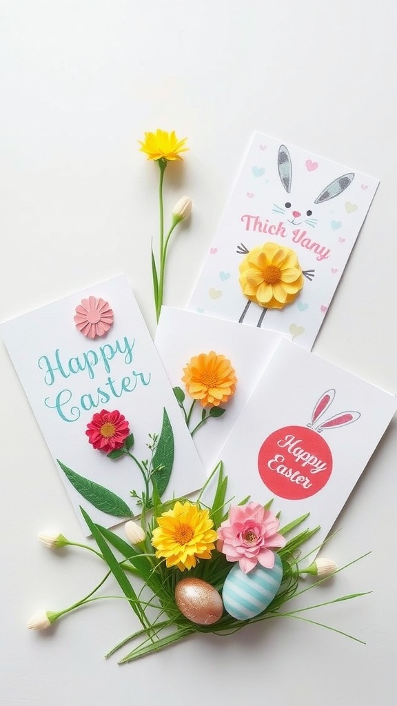 Three colorful DIY Easter cards with flowers and bunny designs.