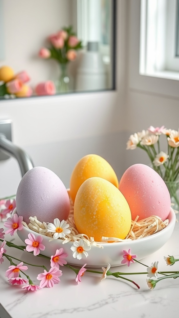 Colorful DIY Easter egg bath bombs arranged in a bowl with flowers