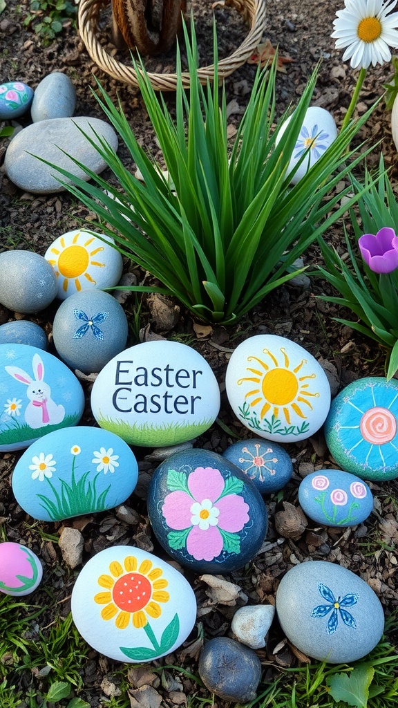 A collection of colorful Easter-themed painted stones in a garden setting.