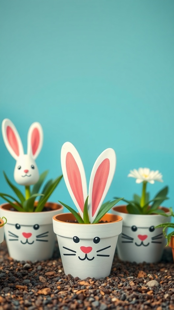 Flower pot bunnies decorated with painted faces and bunny ears, with plants inside a colorful background.