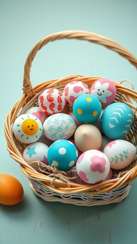 A wicker basket filled with painted eggs in various colors and designs, with one egg beside it.