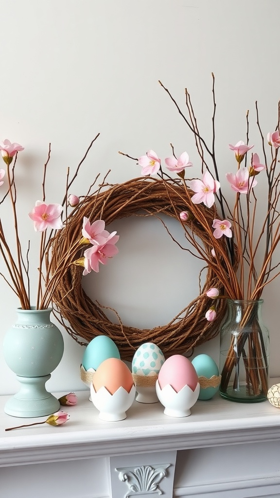 A decorative Easter mantel featuring painted eggs in soft colors, pink flowers, and a grapevine wreath.