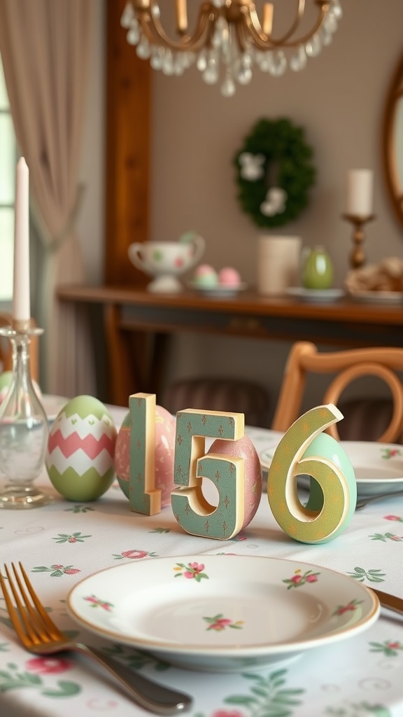 Table setting with painted eggs and wooden numbers for Easter decor