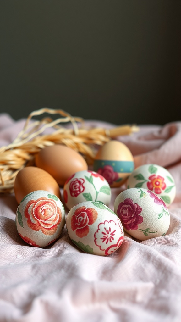 Colorful painted wooden eggs with floral designs on a pink fabric background