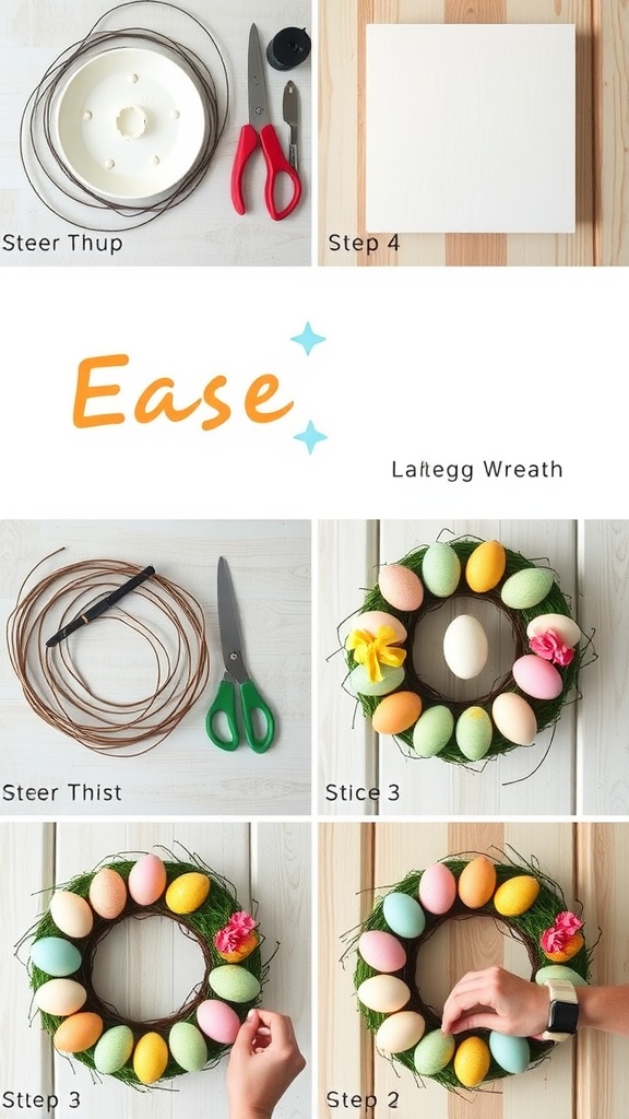 Steps to create an Easter egg wreath using colorful eggs, floral wire, and embellishments.