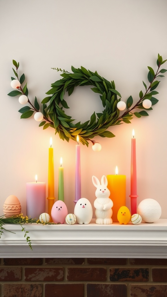 Easter-themed candle display with colorful candles, bunny and chick figurines, and a greenery wreath on a mantel.