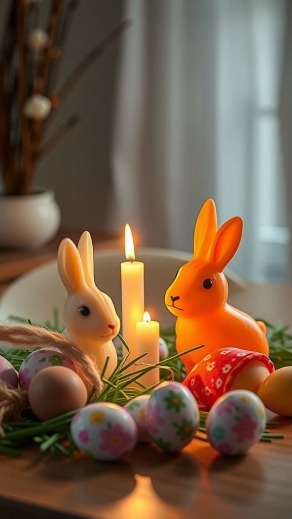 Easter-themed candles with bunny shapes and decorative eggs