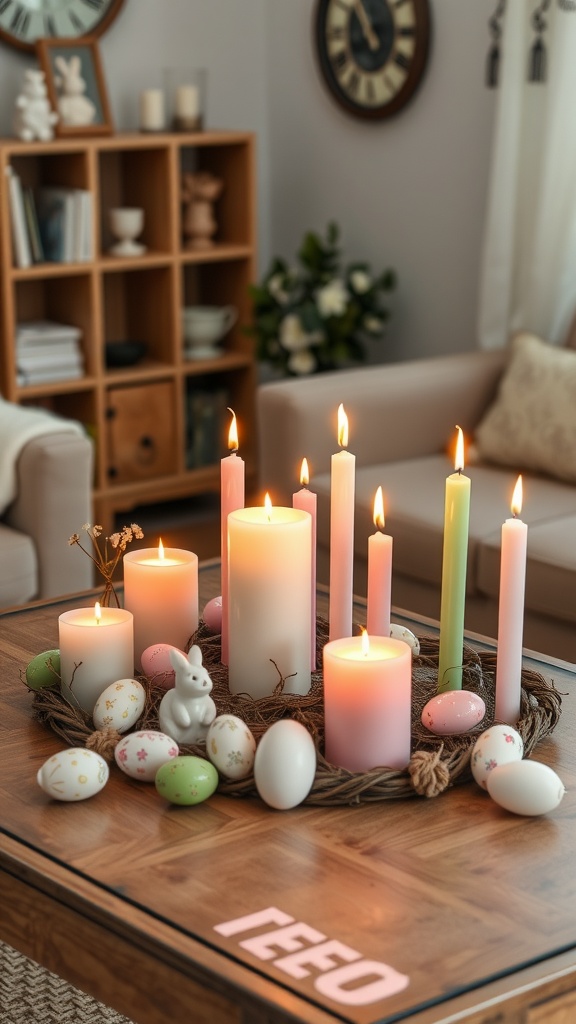 Easter-themed candle arrangement surrounded by decorative eggs on a wooden table