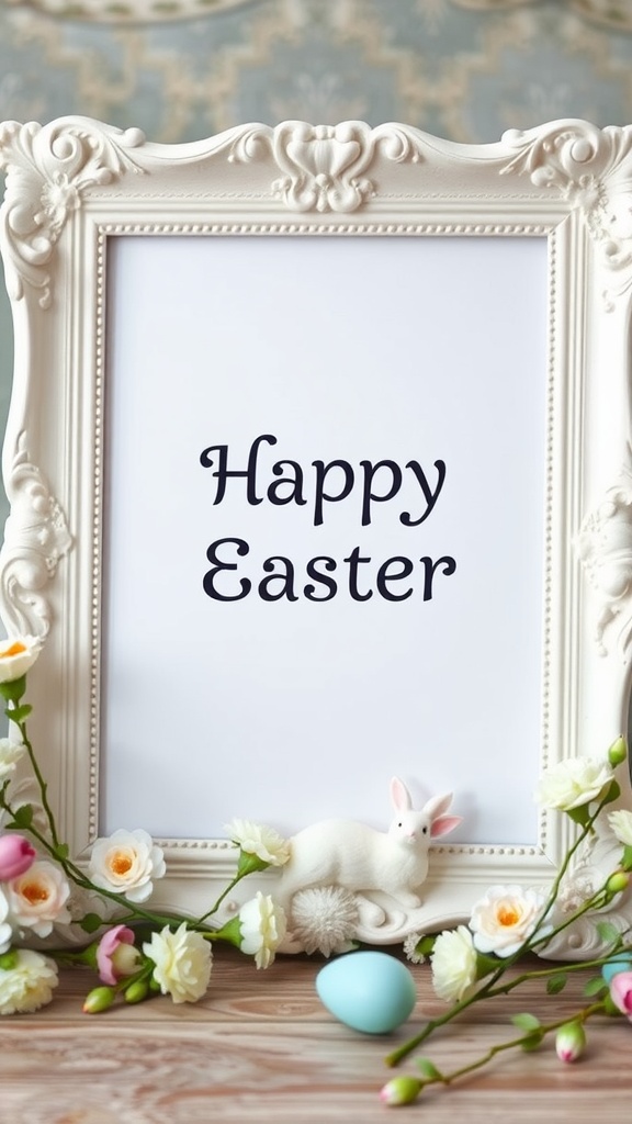 Easter-themed picture frame centerpiece with flowers and a bunny