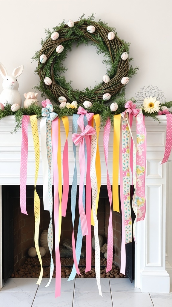 A festive Easter-themed ribbon garland with a wreath and colorful ribbons on a mantel