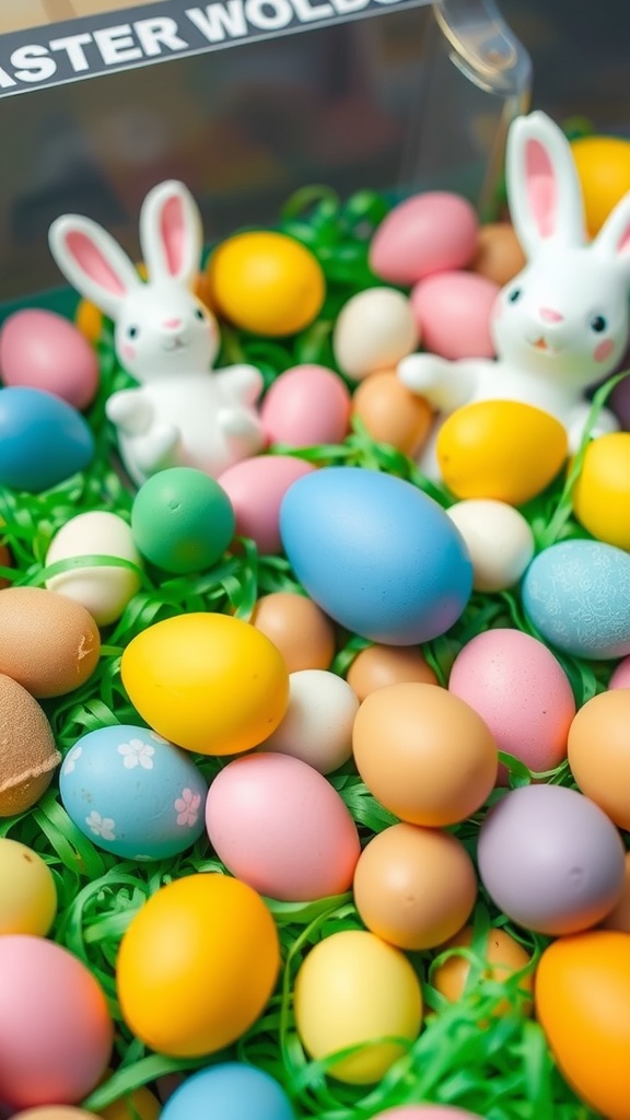 A colorful Easter-themed sensory bin filled with pastel eggs and bunny figures on green grass.