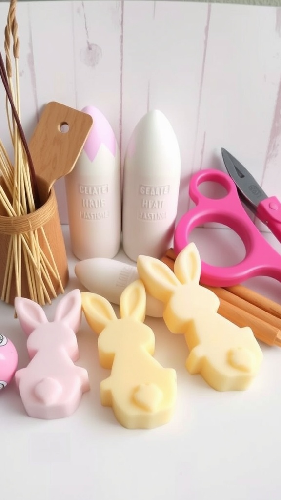 Easter-themed soap making tools and bunny-shaped soaps in pastel colors.