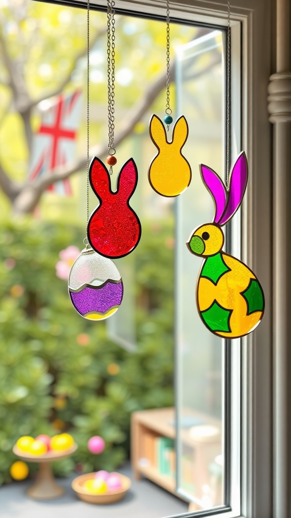 Colorful Easter-themed suncatchers hanging in a window