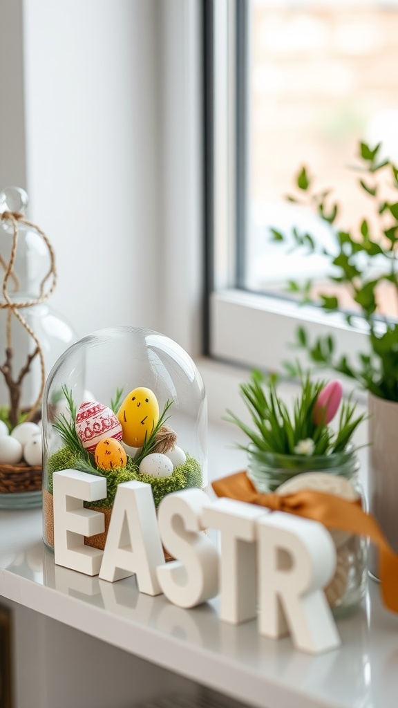 A decorative Easter-themed terrarium with colorful eggs, moss, and the letters spelling 'EASTR' in front.