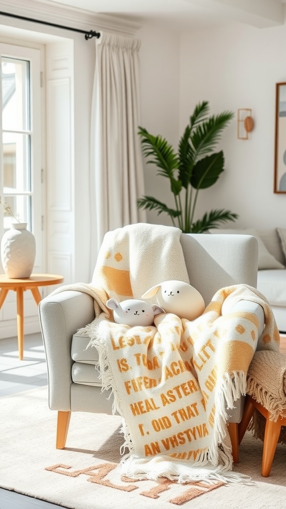 Easter-themed throw blanket on a chair with decorative bunnies