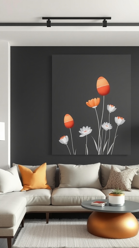 Modern Easter-themed wall art featuring orange Easter eggs and flowers, set in a stylish living room