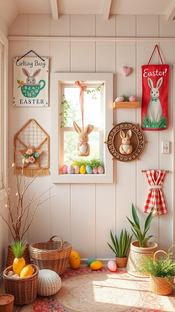 A cozy corner decorated with Easter-themed wall hangings, featuring bunnies, colorful eggs, and natural elements, creating a joyful atmosphere.