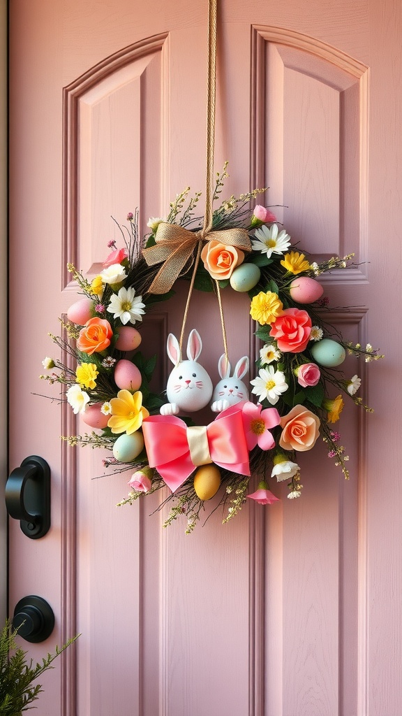 A colorful Easter-themed wreath with bunnies, flowers, and eggs hanging on a pink door.