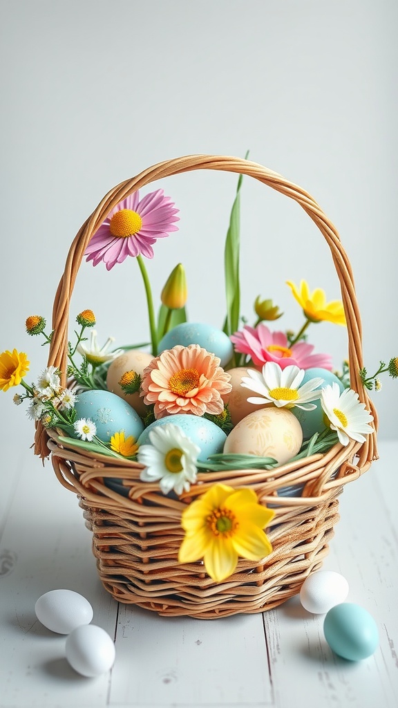 Colorful Easter basket filled with eggs and flowers, perfect for a festive centerpiece