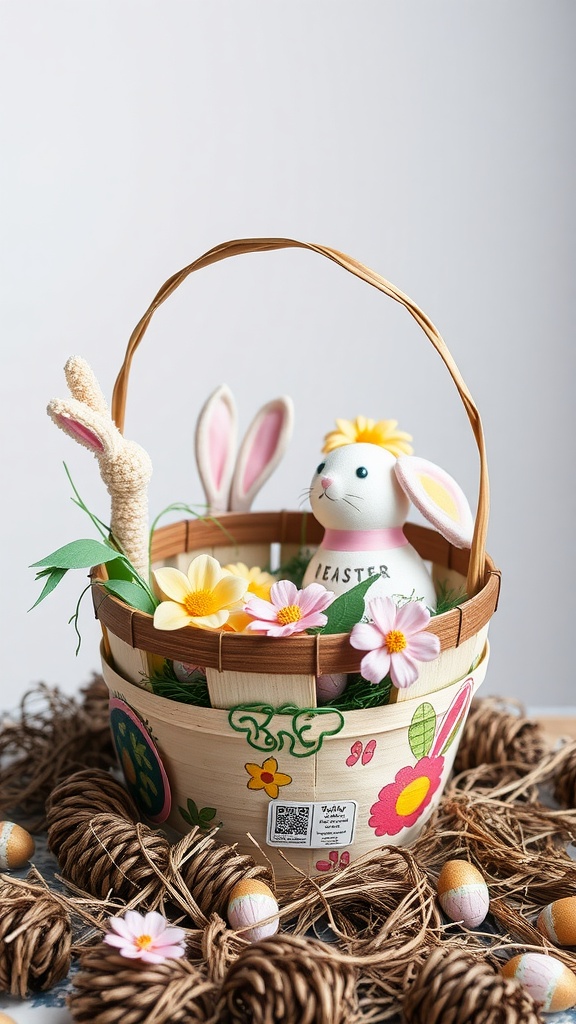 A colorful Easter basket made from recycled materials, featuring flowers and bunny decorations.