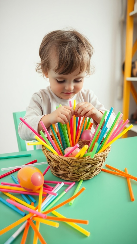 A toddler weaving colorful straws into a small basket surrounded by scattered plastic eggs and straws.