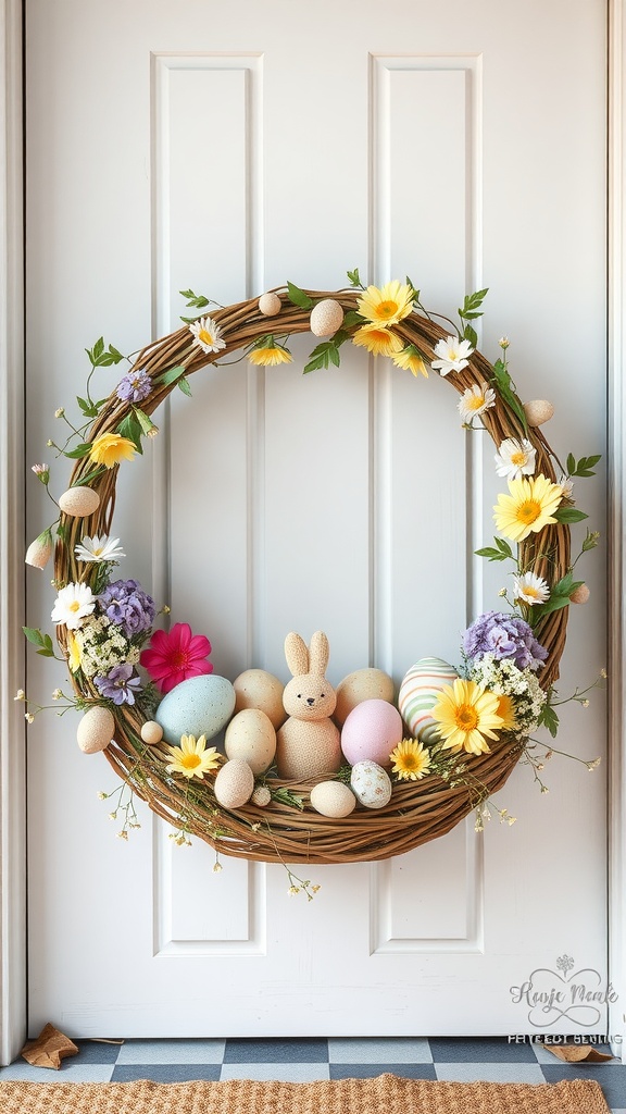 A wreath resembling an Easter basket, featuring pastel eggs, a bunny, and flowers, hung on a white door.