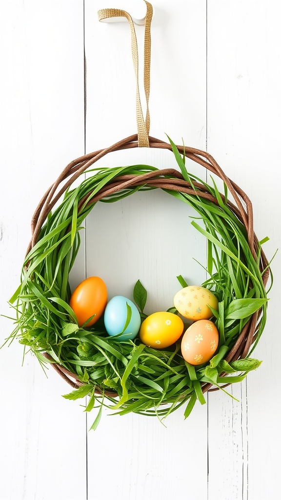 A decorative Easter basket wreath with colorful eggs and green foliage