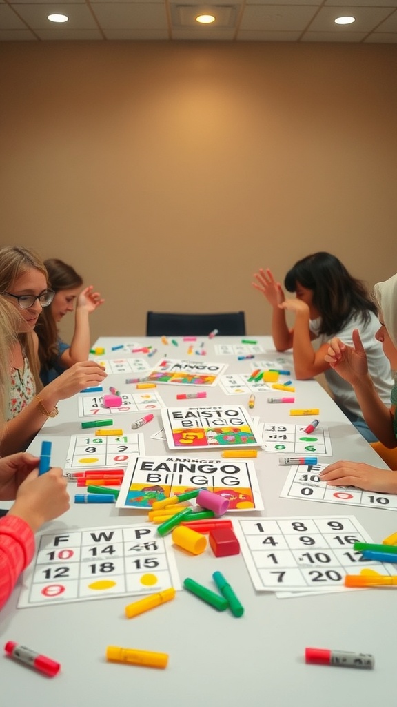 Group of people playing Easter Bingo with colorful markers and cards on a table