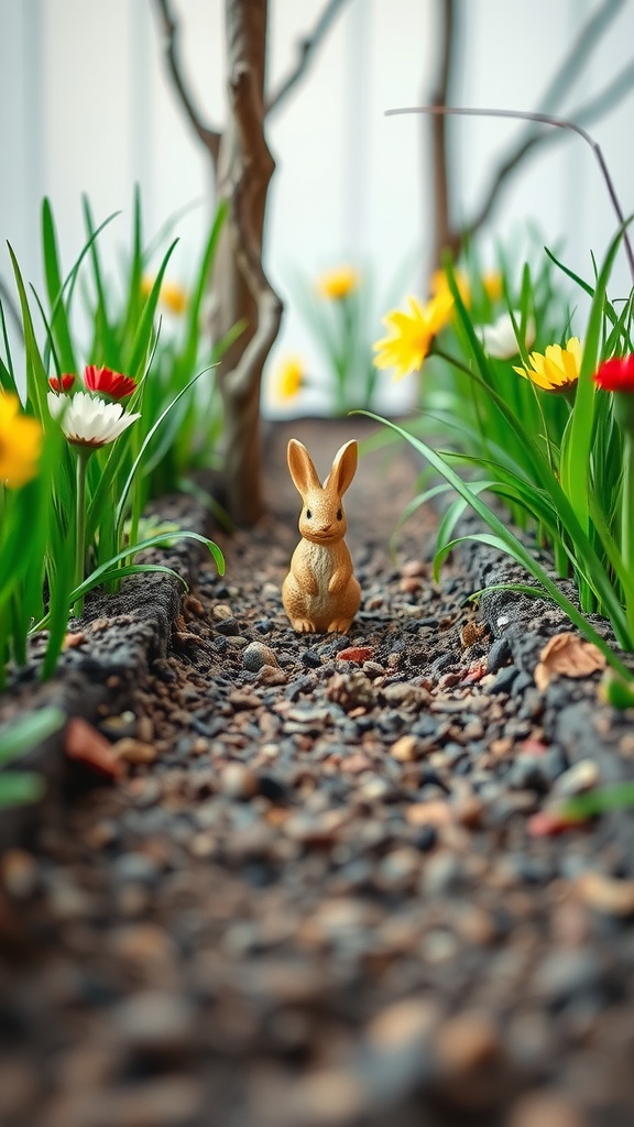 An Easter Bunny figurine in a flower-lined path.