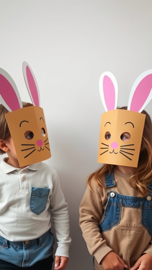 Two children wearing cardboard bunny masks with pink ears, looking at each other.