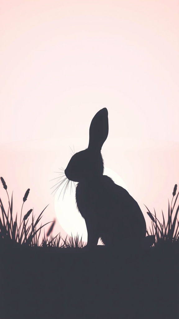 A silhouette of a bunny sitting in grass with a soft pink background