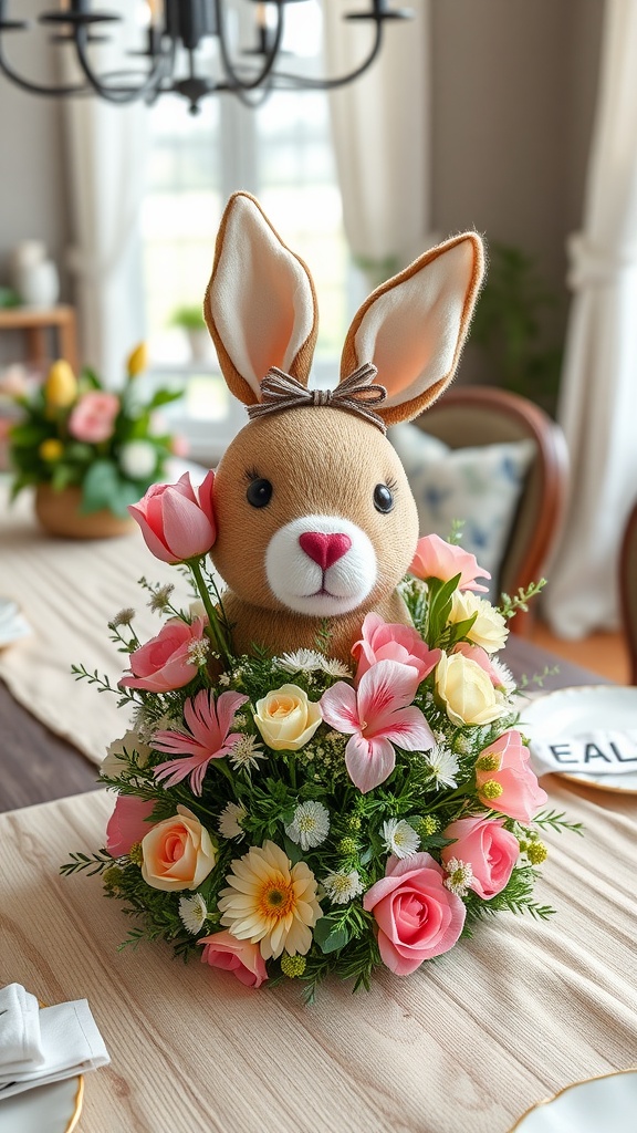 A table centerpiece featuring a bunny figure surrounded by colorful flowers.