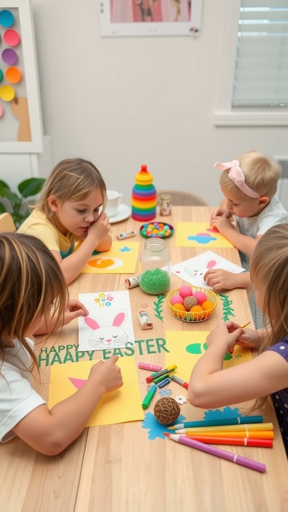 Children crafting colorful Easter cards at a table