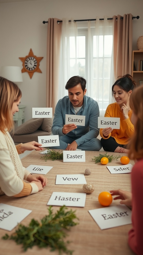 A group of people playing Easter Charades, holding cards with Easter-themed words.