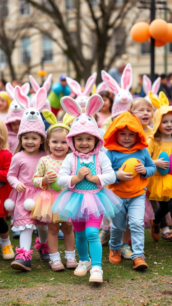 Children dressed in colorful Easter costumes participating in a parade