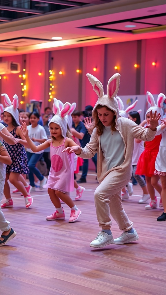 A group of children and an adult in bunny costumes dancing together at an Easter event.