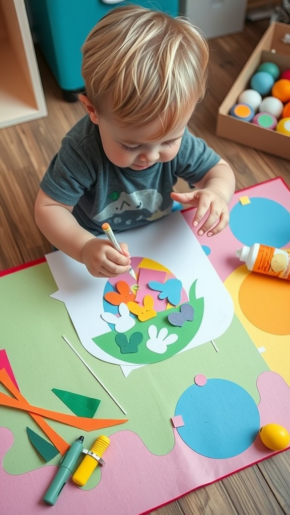 A toddler making an Easter egg collage art with colorful papers and markers.