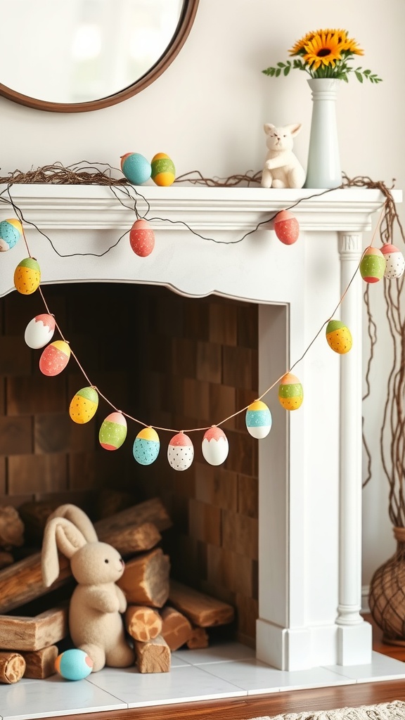 Colorful Easter egg garland hanging over a fireplace with a bunny and flower decoration on the mantel.