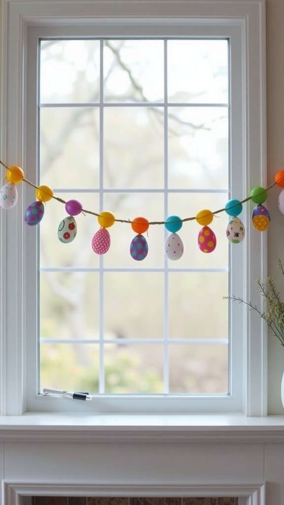 Colorful Easter egg garland hanging in a window